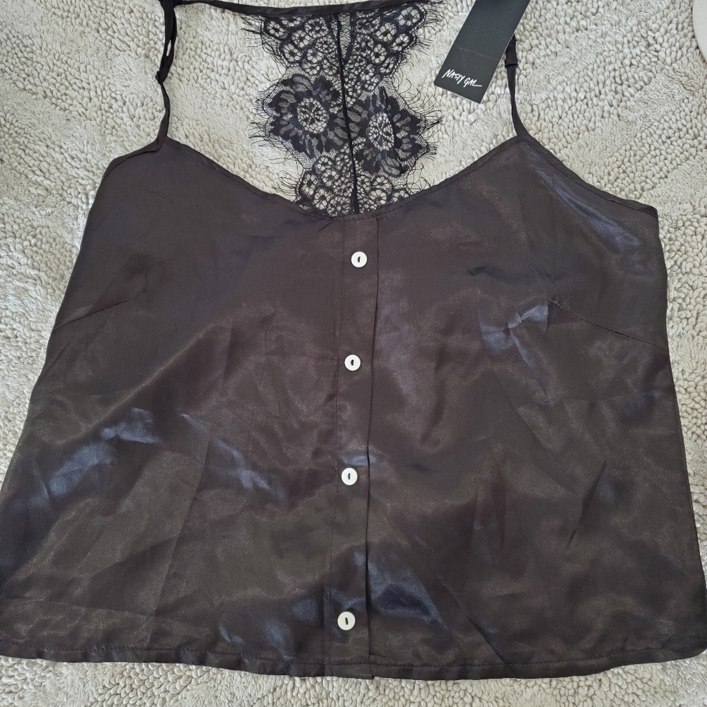NWT NASTY GAL Sz M Black Silky Cami Top Spaghetti Straps Eyelash Lace T-Back Y2K - Picture 16 of 16